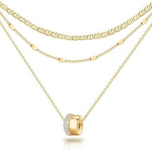 Layered CZ Rondelle Pendant Necklaces for Women, 14K Gold Plated Trendy Mariner